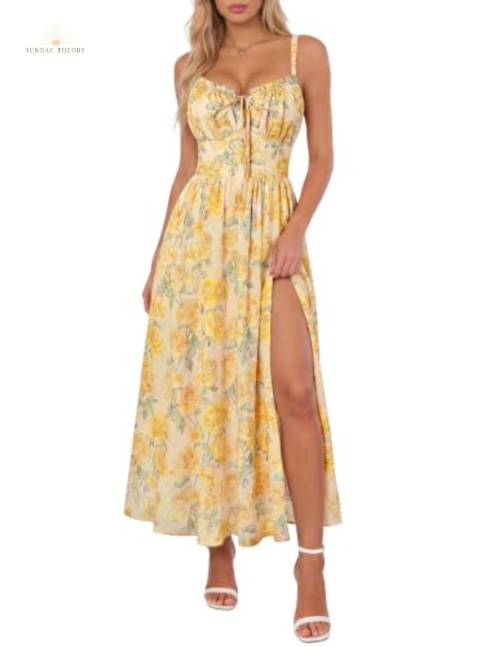 Floral Corset Midi Dress Wedding Guest V-Neck Slit Corset Back